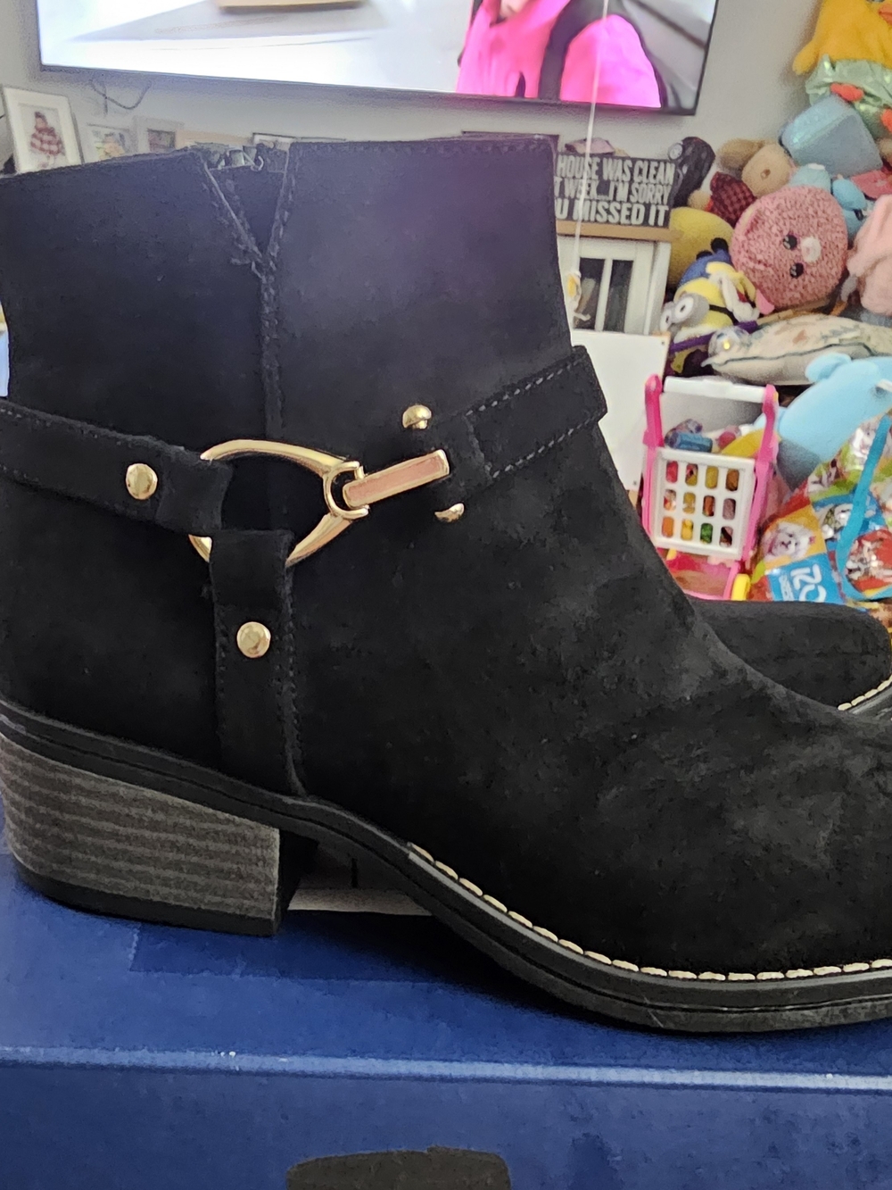 White Mountain Black Suede Ankle Booties with Gold Accent